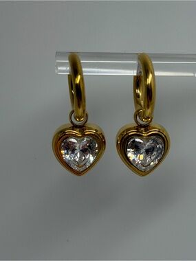 14k Yellow gold plated dangle heart shapes Cubic Zirconias Hoops Earrings !